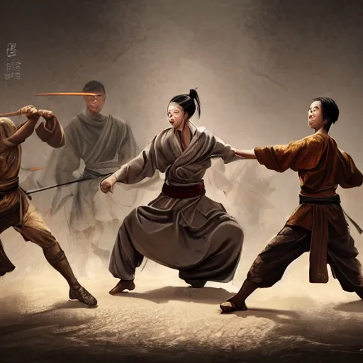 Prompt: a female drunken master monk fighting off a group of soldiers by wlop, wuxia, xianxia, drunken boxing, drunken fist, drunken master, weathered olive skin, athletic, playful, fully clothed, monk's robe, detailed, realistic, anatomically accurate, fantasy illustration, artstation, wlop.