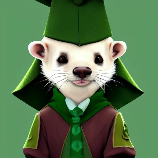 Image similar to a anthropomorphic ferret is dressed as a hogwarts student in slytherin robes, hyperdetailed, artstation, cgsociety, 8 k