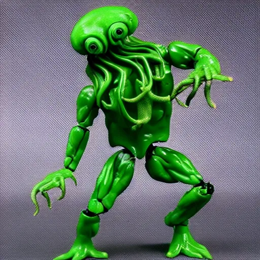 Prompt: 1980s plastic vinyl action figure toy of Cthulu creature with muscular arms, studio photography isolated on a white background