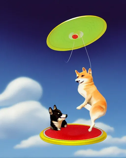 Image similar to shiba inu flies up with a frisbee ， painting photoshop by mark ryden and pixar and hayao miyazaki, 8 k