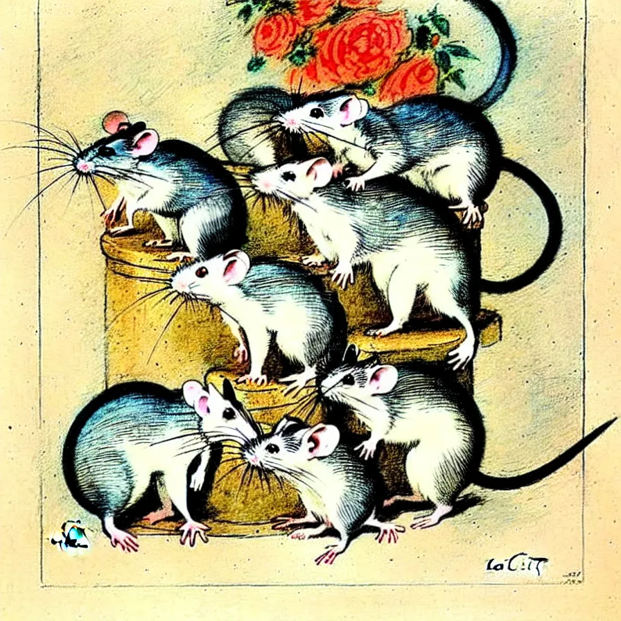 Image similar to Louis Icart, an old colored drawing of adorable little pet rats by Louis Icart, highly detailed, center weighed composition, masterpiece