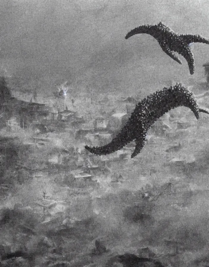 Image similar to a filmstill of a north korean monster movie, kaiju - eiga monster starfish - like trampling a traditional korean palace, foggy, film noir, epic battle, etheral, explosions, communist propaganda, communist epic thriller, by akira kurosawa and wes anderson video compression