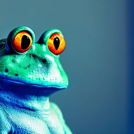 Image similar to professional close-up photograph of an anthropomorphic blue frog wearing a blue suit in an office, 8k, detailed