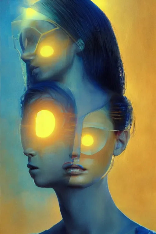 Image similar to 3 d, sci - fi, sun rays, sleepy fashion model face, blue faces, cinematic, vogue cover style, poster art, light yellow and deep blue mood, realistic painting, intricate oil painting, high detail, figurative art, multiple exposure, poster art, 3 d, by tooth wu and wlop and beeple and greg rutkowski