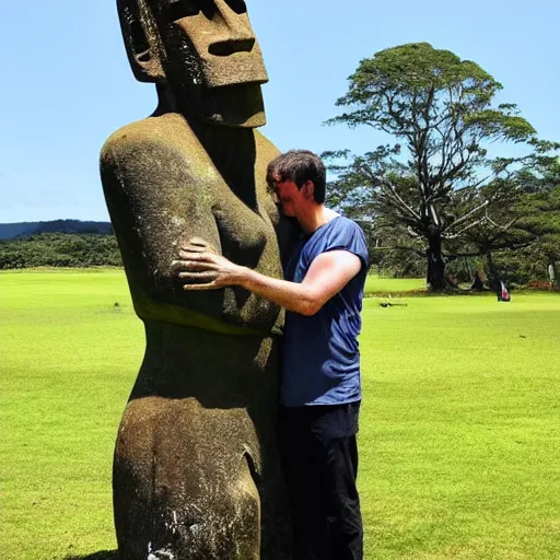 Prompt: a man hugging a giant moai statue