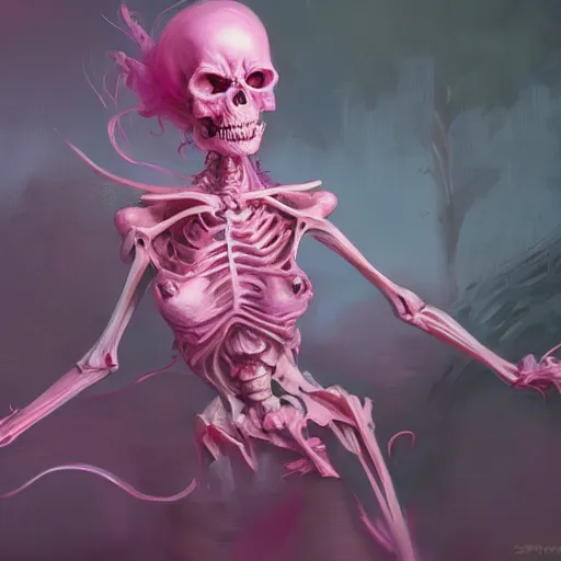 Image similar to Pink Death skeleton, by Stanley Artgerm Lau, WLOP, Rossdraws, James Jean, Andrei Riabovitchev, Marc Simonetti, Yoshitaka Amano, ArtStation, CGSociety,