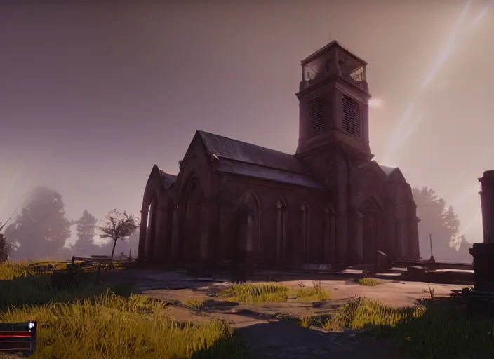 Prompt: ancient church with red shafts of light in destiny 2, foggy, liminal, dark, dystopian, beautiful architecture, abandoned, highly detailed 4 k 6 0 fps in - game destiny 2 gameplay screenshot leak