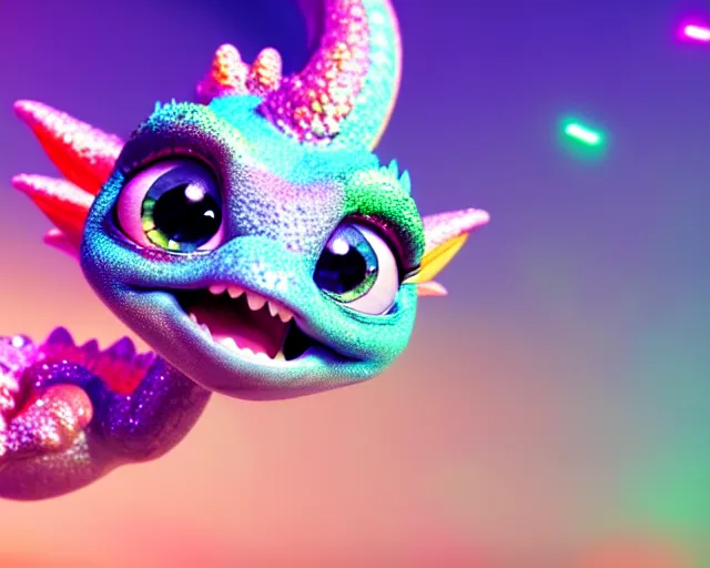 Image similar to a cute cute baby dragon, big eyes, soft scale texture, pastel colours, colorful, shiny glitter crystals, cute, adorable, pixar animation style, detailed, soft light, octane render, cute, 4 k,