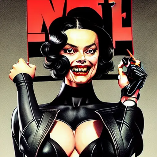 Prompt: Rafael Albuquerque art, Norman Rockwell, pretty Margot Robbie vampire, sharp teeth evil smile, holding HK pistol in hand, symmetrical face symmetrical eyes, leather jacket, jeans, hands with five fingers, realistic hands