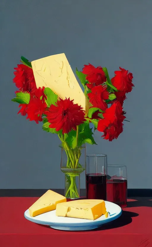 Image similar to beautiful still life featuring blooming flowers, tillamook cheese, and red wine, very coherent, painted by Edward Hopper, painted by James Gilleard, airbrush, art by JamesJean