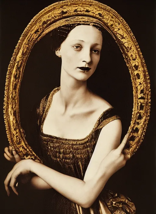 Prompt: portrait of young woman in renaissance dress and renaissance headdress, art by richard avedon