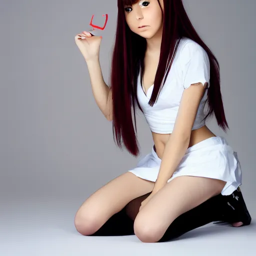 Image similar to anime girl, full body shot, sitting down, plain white background