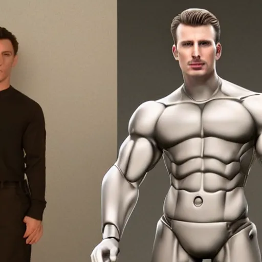 Image similar to a realistic detailed photo of a guy who is a male android, chris evans, muscular, shiny skin, posing like a statue, blank stare