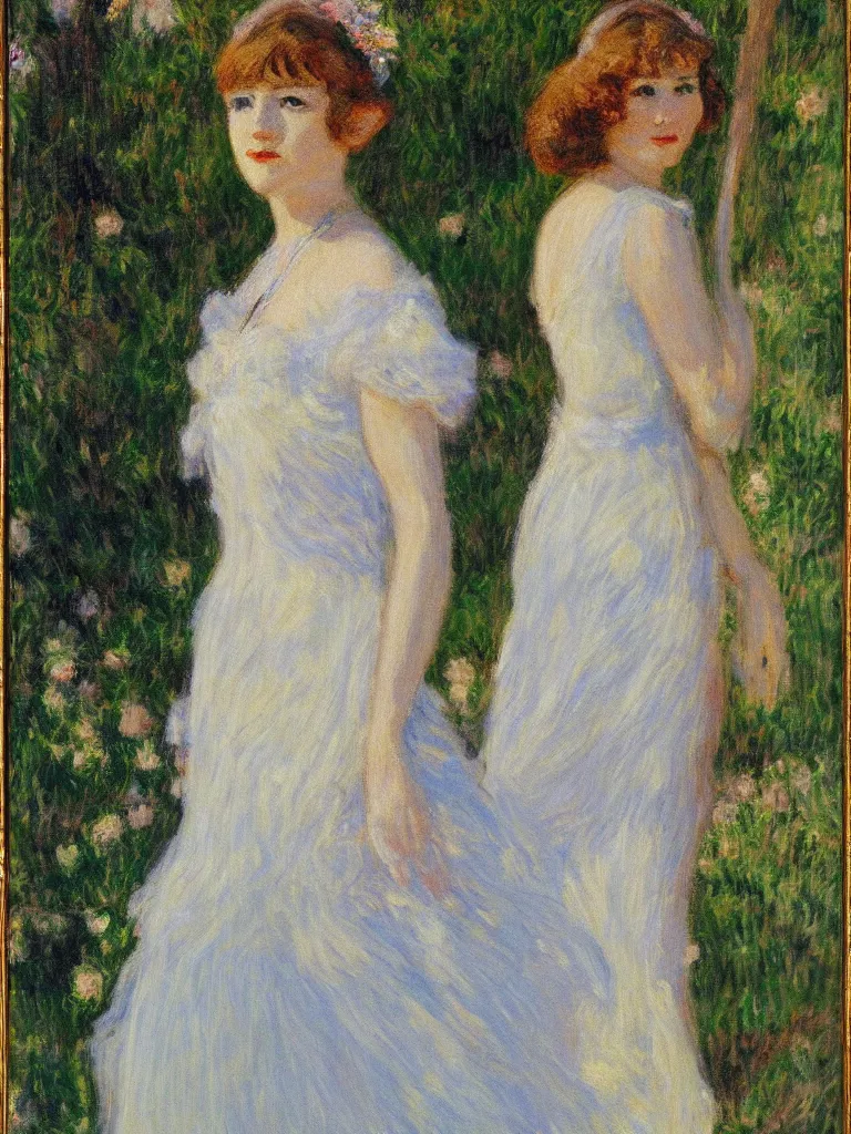 Image similar to portrait of < zelda fitzgerald > as a beautiful young lady, in the sun, slim, out of focus, pleinairism,, backlit, closeup, oil on canvas, atr by monet, in the style of le promenade, smooth, impressionnisme, 8 k