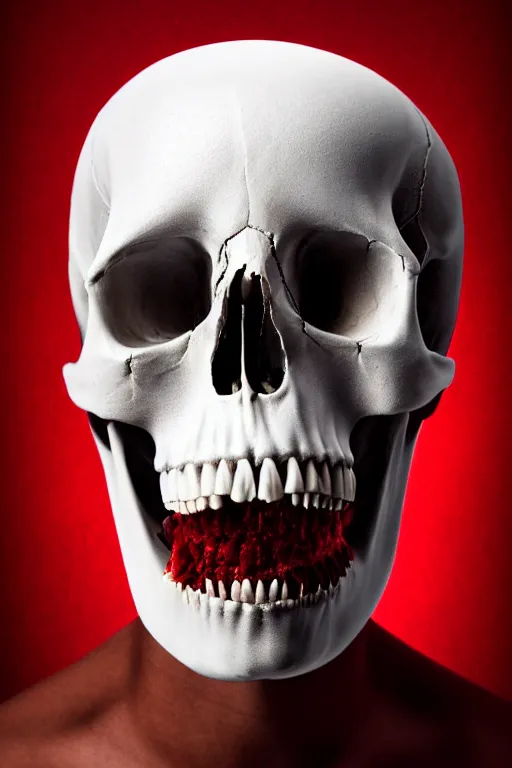 Image similar to a human opening head showing part of the skull, made with chrome, layed on a red velvet fabric, made by hedi xandt, macabre art, dark surrealism, epic and cinematic view, volummetric light, texturized, detailed, 8 k