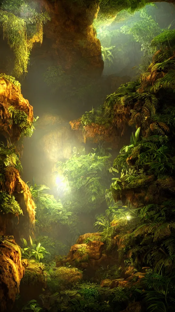 Prompt: jungle cave, volumetric lighting, rtx on, washed out colors, an award winning digital render, beautiful, ultradetailed, great composition