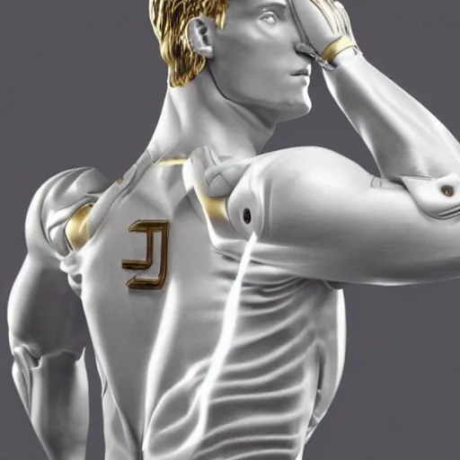 Image similar to a realistic detailed photo of a guy who is an attractive humanoid who is half robot and half humanoid, who is a male android, soccer players martin ødegaard & timo werner, shiny skin, posing like a statue, blank stare, in a living room, on display, showing off his muscles, gold soccer shorts, side view, repairing the other one