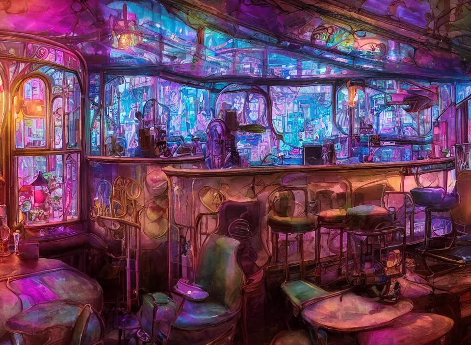 Image similar to telephoto 7 0 mm f / 2. 8 iso 2 0 0 photograph depicting the experience of chrysalism in a cosy cluttered french sci - fi ( art nouveau ) cyberpunk bar in a pastel dreamstate art cinema style. ( terrarium, computer screens, window ( city ), leds, lamp, ( ( ( piano ) ) ) ), ambient light.