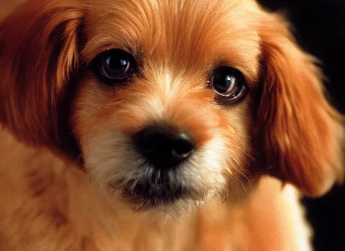 Image similar to a extreme close - up photo, color studio photographic portrait of a little dog, dramatic backlighting, 1 9 7 3 photo from life magazine,