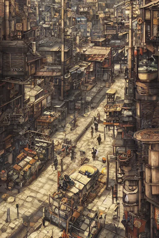 Prompt: a industrial STEAMPUNK CITY Street scenery in the FAVELAS, signs and billboards Connecting MULTI LVL BUILDINGS, style of tekkon kinkreet, , rendered by myazaki, Makoto Shinkai, syd meade, environment concept, digital art, starwars, Gundam Style, unreal engine, 3 point perspective, WLOP, trending on artstation, low level, 4K UHD image, octane render,