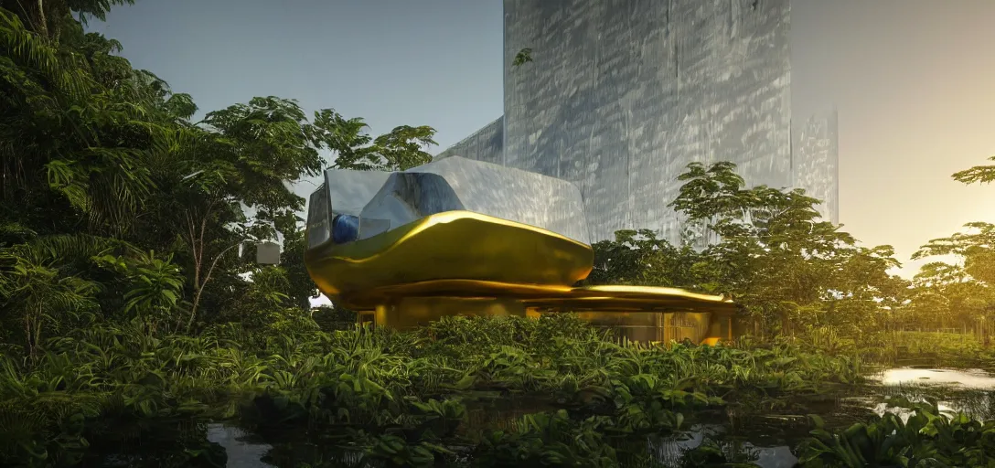 Image similar to futuristic shinny golden building camouflaged in the amazonian jungle landscape of a solarpunk world by alvar aalto, golden roads by le corbusier, movie poster, golden ratio, at dusk lighting, evening lighting, reflections and refractions, film still, hyper realistic, octane render redshift arnold materials unreal engine, 8 k, post production, hyper detailed