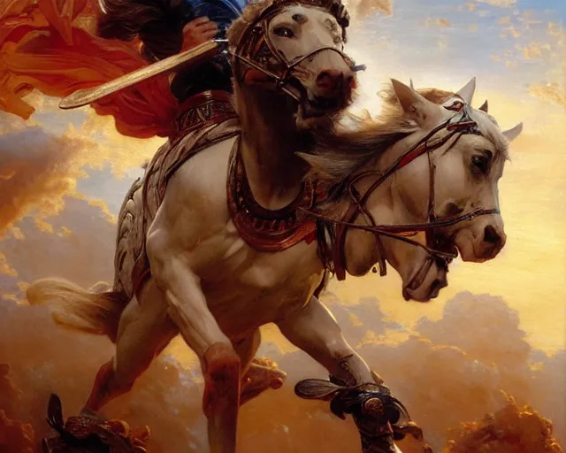 Image similar to attractive apollo greek god, riding his fire chariot. highly detailed painting by gaston bussiere, craig mullins, j. c. leyendecker 8 k