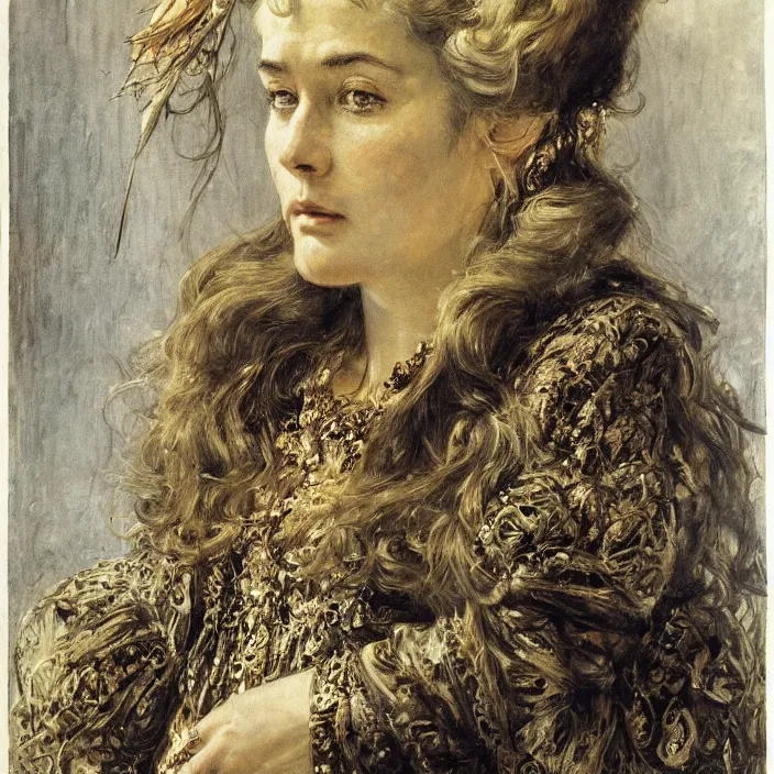 Image similar to longing look of a woman, portrait, highly detailed, bourgeoise, extremely opulent, ornate art, pompous, ornamental, richly detailed, digital art by ivan shishkin, adolph menzel, carvaggio