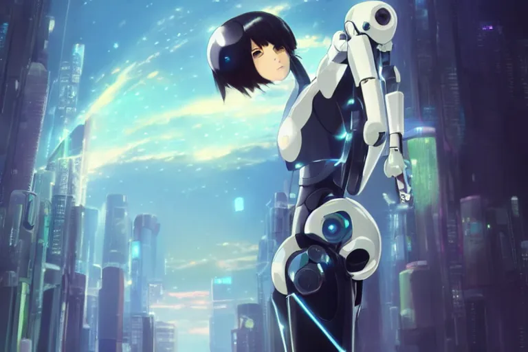 Prompt: makoto shinkai. robotic android girl. futuristic cyberpunk. dystopia. vibrant nebula sky. full robotic andorid body... robotic android body.