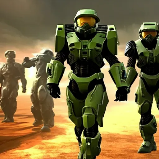 Image similar to Donald Trump wearing the suit of Master Chief from Halo with the helmet off, gameplay screenshot, cinematic trailer, E3