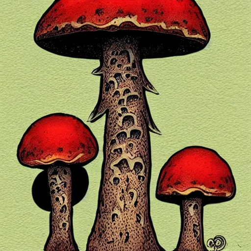 Image similar to a grinning mushroom family by tim doyle and anna dittmann, macabre | dark art