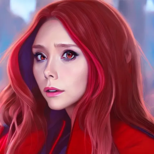 Image similar to Anime portrait of Elizabeth Olsen as Scarlet Witch, trending on artstation, artstationHD, artstationHQ, anime style, 4k, 8k