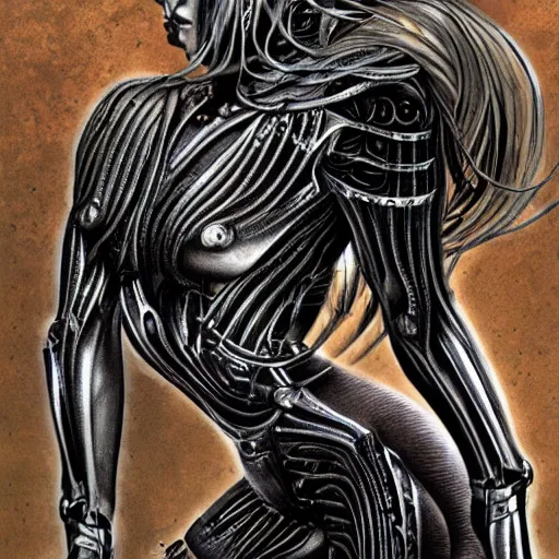 Prompt: britney spears biomechanic, complex scene, heavy in detail, corruption, smooth, sharp focus, illustration, art by h. r. giger