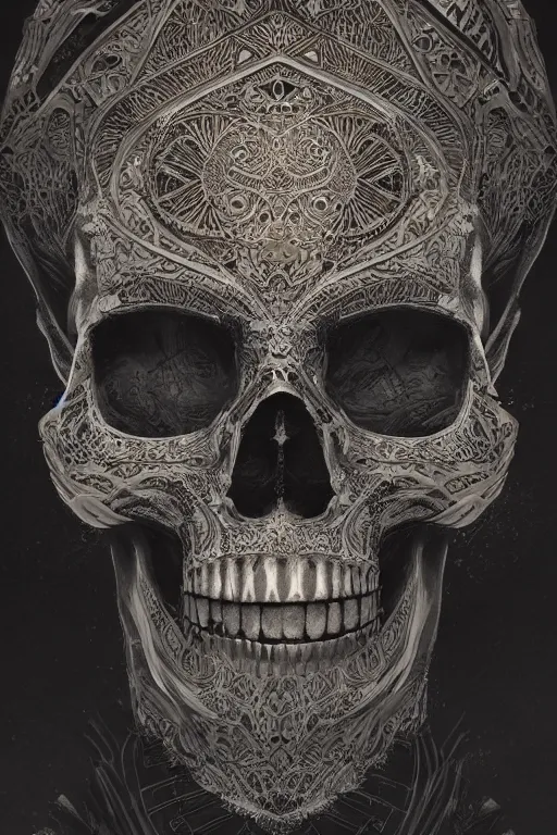 Image similar to concept art skull, the skull is decorated with art deco patterns, close - up portrait, powerfull, intricate, elegant, volumetric lighting, scenery, digital painting, highly detailed, artstation, sharp focus, illustration, concept art, ruan jia, steve mccurry