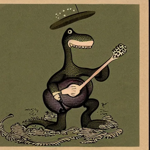 Image similar to a vintage illustration of an alligator playing a banjo