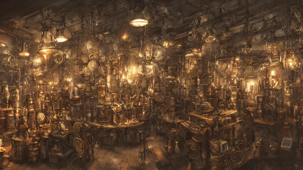 Prompt: A steampunk store, by tian gan, ultra detailed displays of weapons and clockwork machinations densely packed on shelves, volumetric lighting, wide angle, trending on patreon, artstation, deviantart. Unreal engine