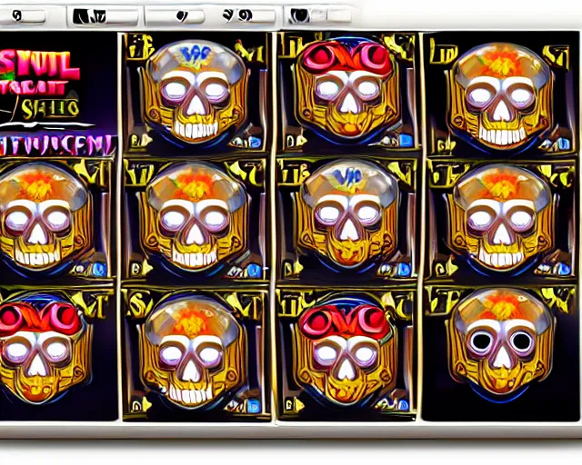 Prompt: modern slots game with skull theme, 5 columns, 5 rows, slots, casino videogame