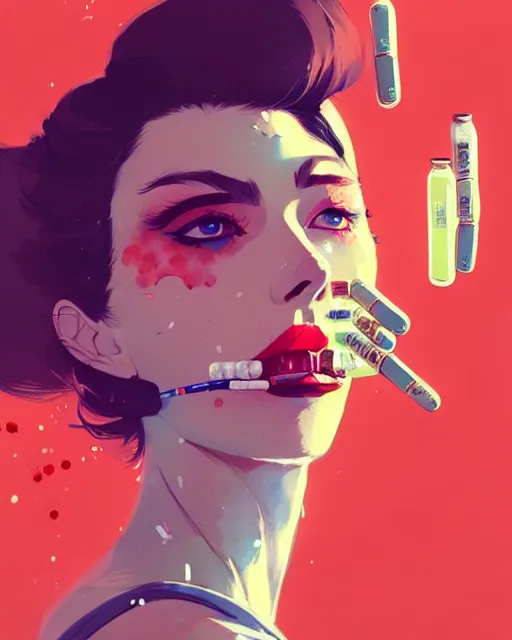 Image similar to a ultradetailed beautiful panting of a stylish woman with pills in her mouth, by conrad roset, greg rutkowski and makoto shinkai, trending on artstation