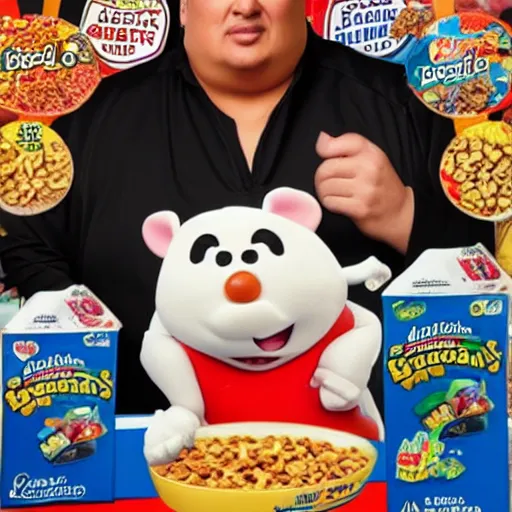 Prompt: obese steven seagal as sponsor of a sugary cereal called aikidos with cartoon rat mascot