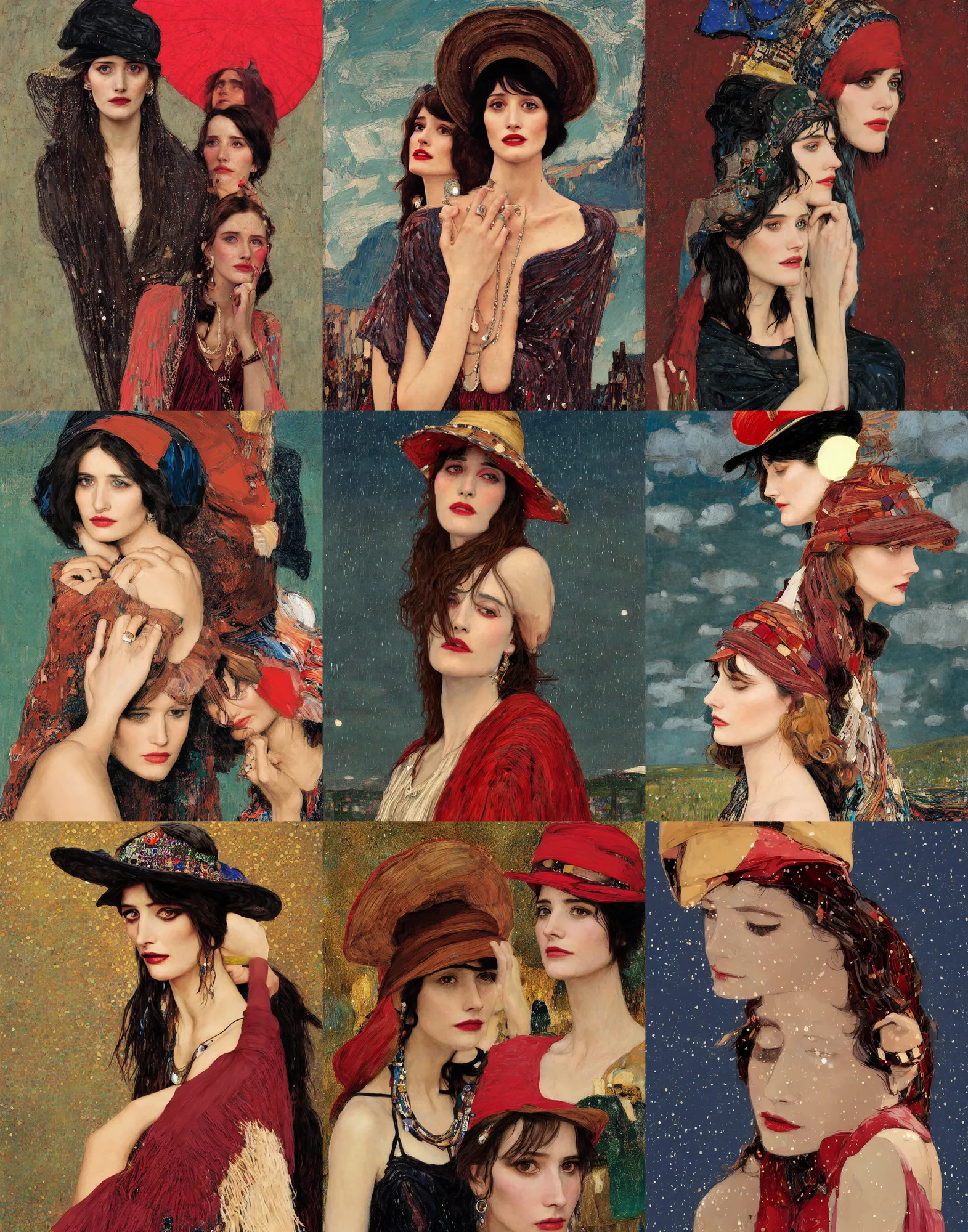 Prompt: portrait of fashionable young woman wearing rich jewerly hat and boho poncho at night, eva green and Gemma Arterton, red light, dark make up on her face, sitting dynamic pose, Low poly, thunder clouds in the sky, artwork by john william waterhouse and Denis Sarazhin and klimt and studio ghibli background and Dean Ellis and Detmold Charles Maurice, levitation, industrial rusty pipes, simple form, brutal shapes