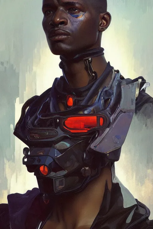 Image similar to a full body portrait oil painting illustration of an african man by justin sweet and greg rutkowski and alphonse mucha with face and body clearly visible, techwear, futuristic, cyberpunk, artstation trending, high quality, sombre mood, artstation trending, abstract colours, no crop, entire character!,