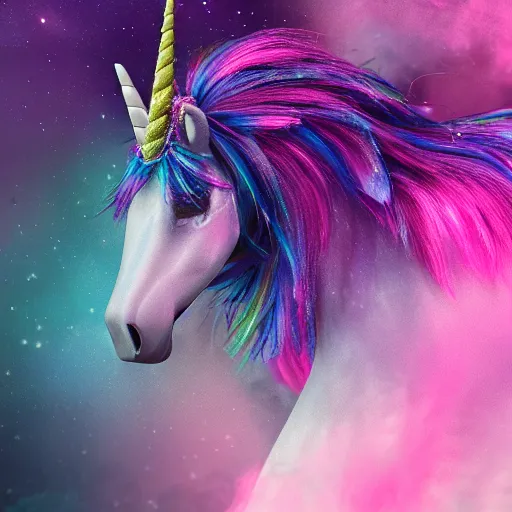 Image similar to unicorn glitter fluffy, flowing, sparkles, trending on deviantart, digital art, cosmic, 3 d high definition, trending on artstation, photorealistic, high resolution, vray, 8 k, octane, trending on, hdr, hyper detailed, insane details, intricate, elite, ornate, elegant, unreal engine