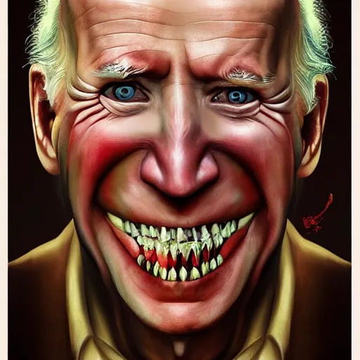 Image similar to a portrait of joe biden, flesh eating worms, macabre, horror, saw teeth, horror rotten teeth, peeling face skin, decomposing skin tones, by junji ito, wlop, zdzisław beksinski, realistic face, visible face, digital art, artstation, symmetry