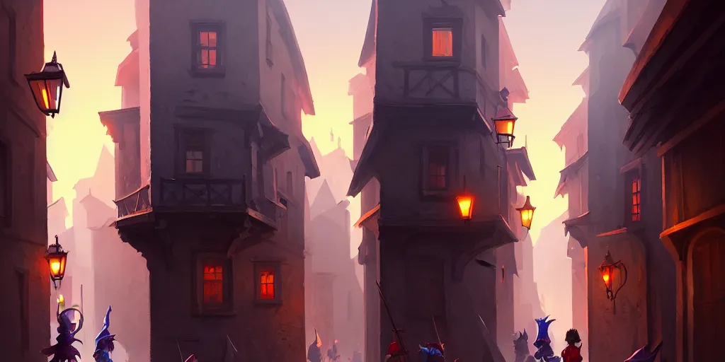 Image similar to an exciting fantasy street battle within a fascinating old city, narrow streets, old buildings, by Sylvain Sarrailh, cinematic, simple but effective composition, clean lines, beautiful digital painting, oil painting, dungeons and dragons, lord of the rings