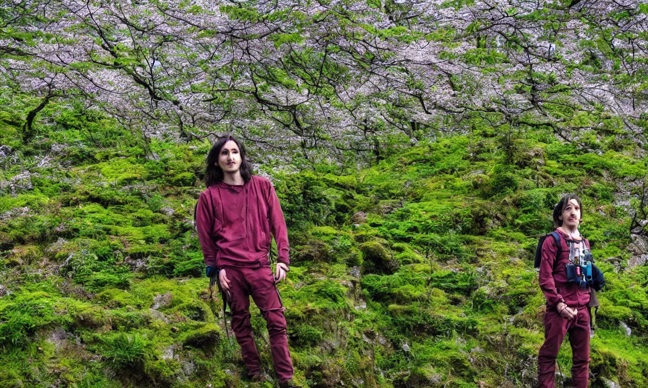 Image similar to biohacker living beyond 200 years, posing on a mountain ridge, lovely cherry trees nearby, studio ghibli style