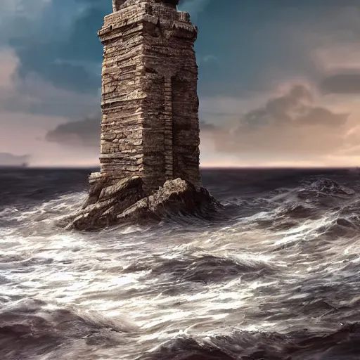 Prompt: ancient stone tower rising from the waves, artstation