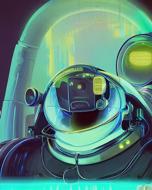 Image similar to silly sloth as future coder man looking on, sleek cyclops display over eyes and sleek bright headphoneset, neon accent lights, holographic colors, desaturated headshot portrait digital painting by dean cornwall, rhads, john berkey, tom whalen, alex grey, alphonse mucha, donoto giancola, astronaut cyberpunk electric