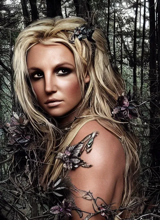 Image similar to Beautiful , Looks like Britney Spears, In the woods, Dramatic, Edge, Good, Infused, Backlight, De-Noise, VFX, insanely detailed and intricate, hypermaximalist, elegant, ornate, hyper realistic, super detailed