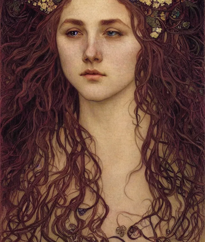 Image similar to detailed realistic beautiful young medieval queen face portrait by jean delville, alphonse mucha, vincent van gogh, and marco mazzoni, art nouveau, symbolist, visionary, gothic, pre - raphaelite