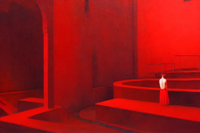 Image similar to only with red, crowd screaming, an exposed painting in a roman theater, in the style of beksinski, parts by edward hopper, parts by rodcenko, parts by yue minjun, intricate and epic composition, red by caravaggio, insanely quality, highly detailed, masterpiece, red light, artstation, 4 k