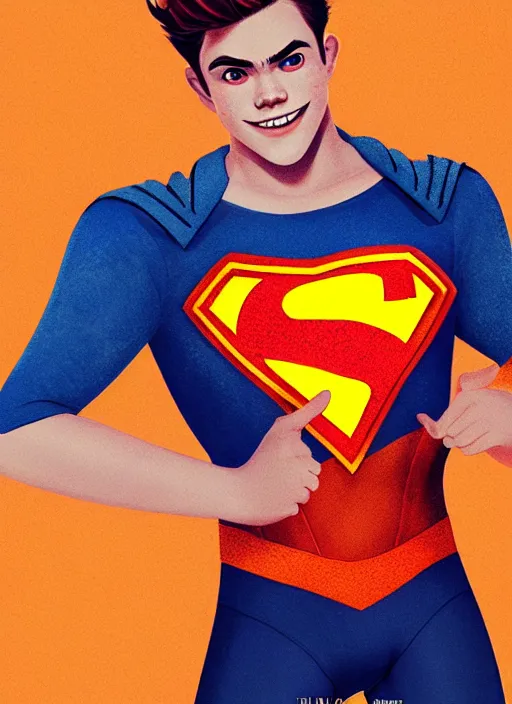 Image similar to friendly teenage archie andrews wearing an orange superhero costume with heart logo, heart, freckles, blue cape, heart emblem on chest, blue cape, intricate, elegant, glowing lights, highly detailed, digital painting, artstation, sharp focus, illustration, art by wlop, mars ravelo and greg rutkowski